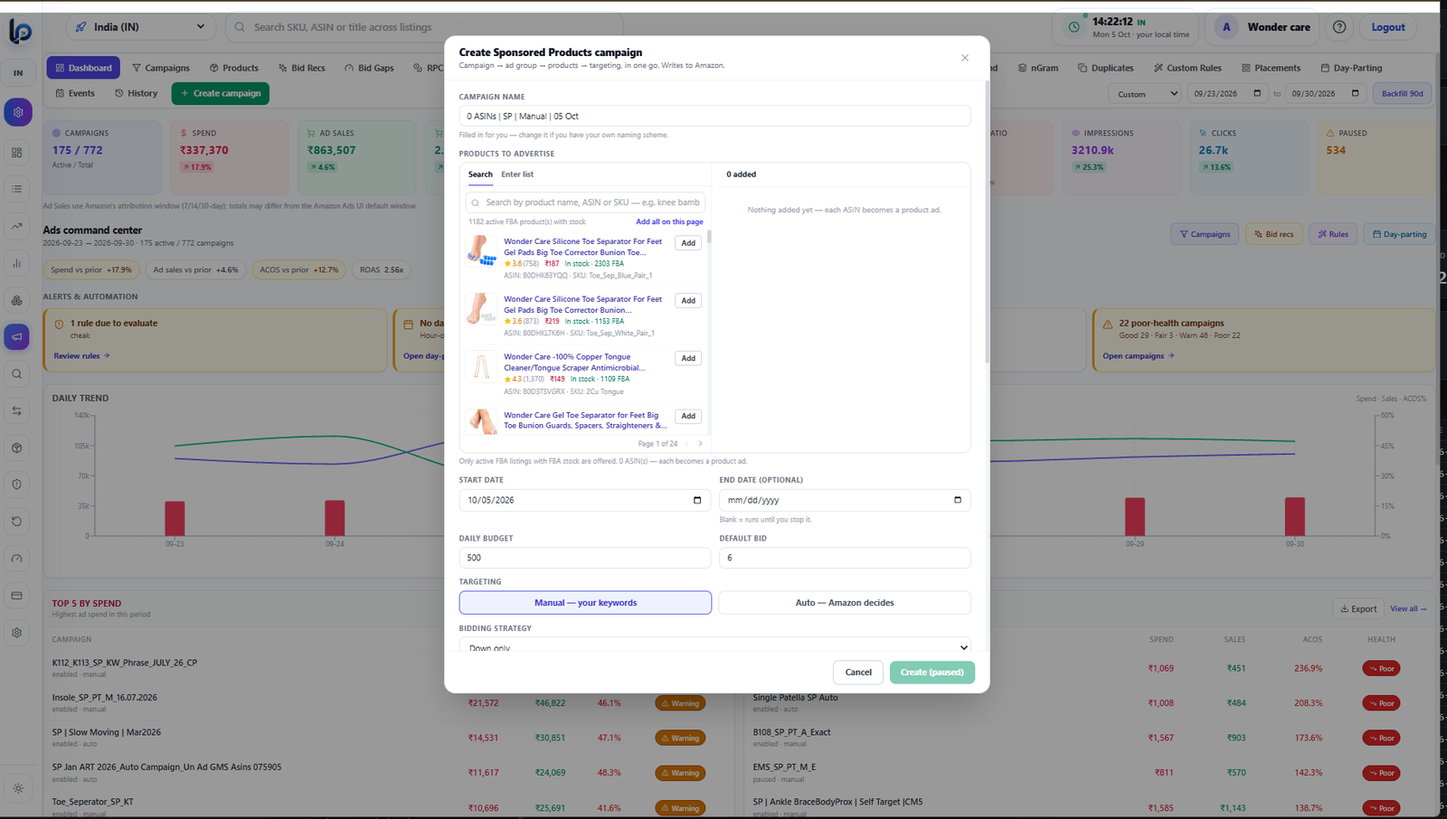 ListingPilot Create Sponsored Products campaign modal writing campaigns to Amazon Ads API
