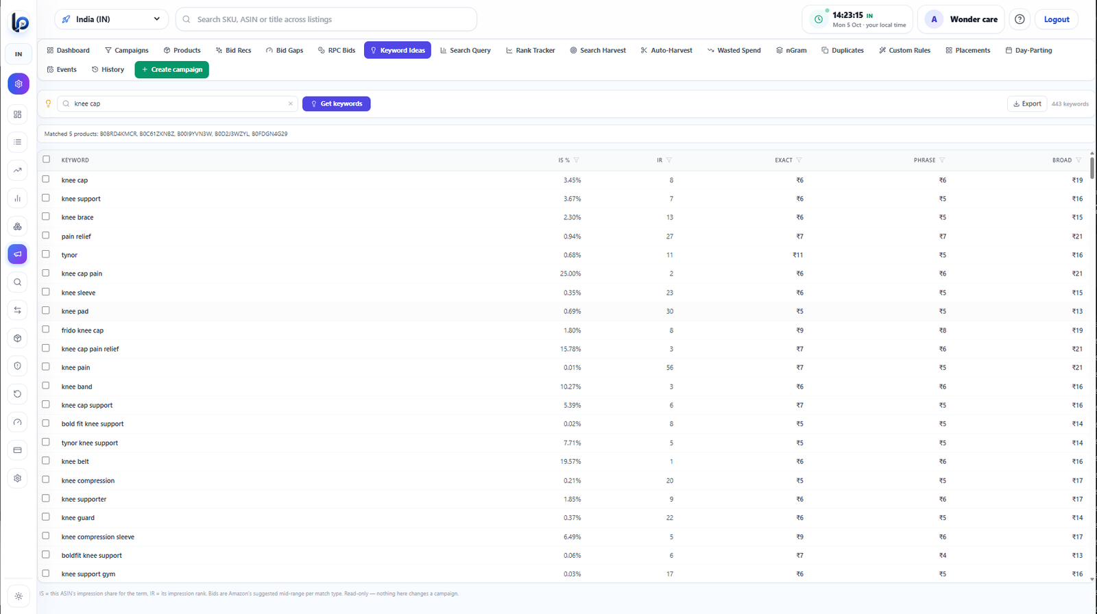 ListingPilot Keyword Ideas harvest screen with search terms ACOS and ROAS for Amazon ads