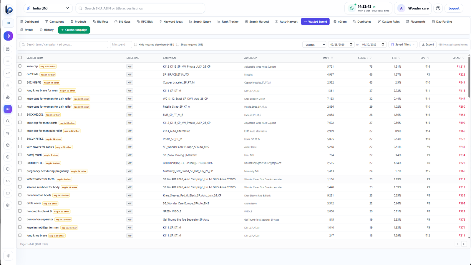 ListingPilot Wasted Spend screen showing high-ACOS Amazon ad targets and campaigns